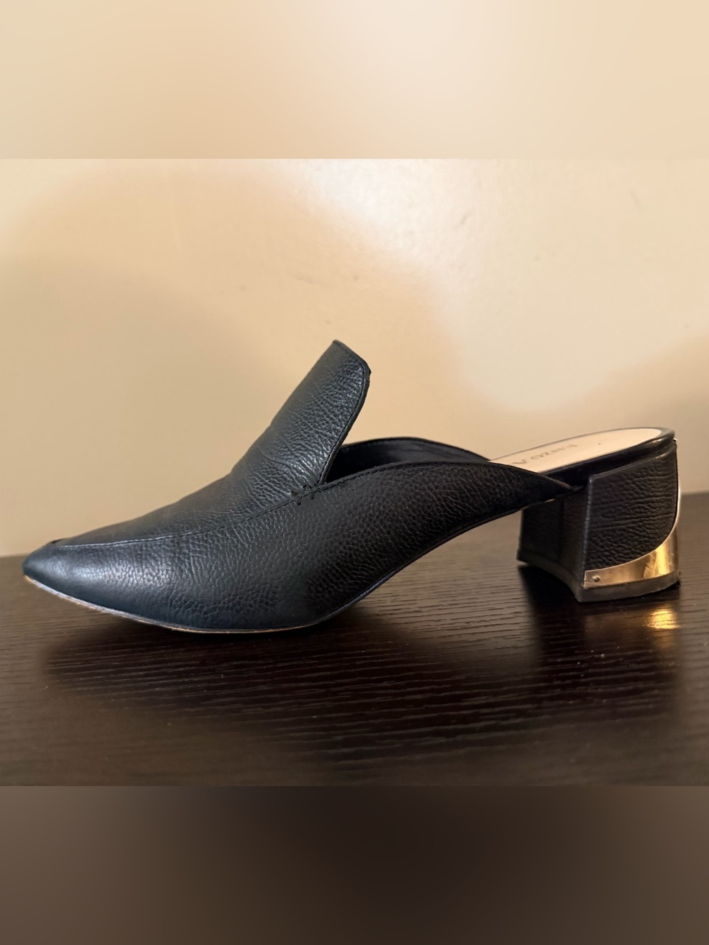 Enzo Angiolini Black Leather Pointed Mule with Gold Heel Trim